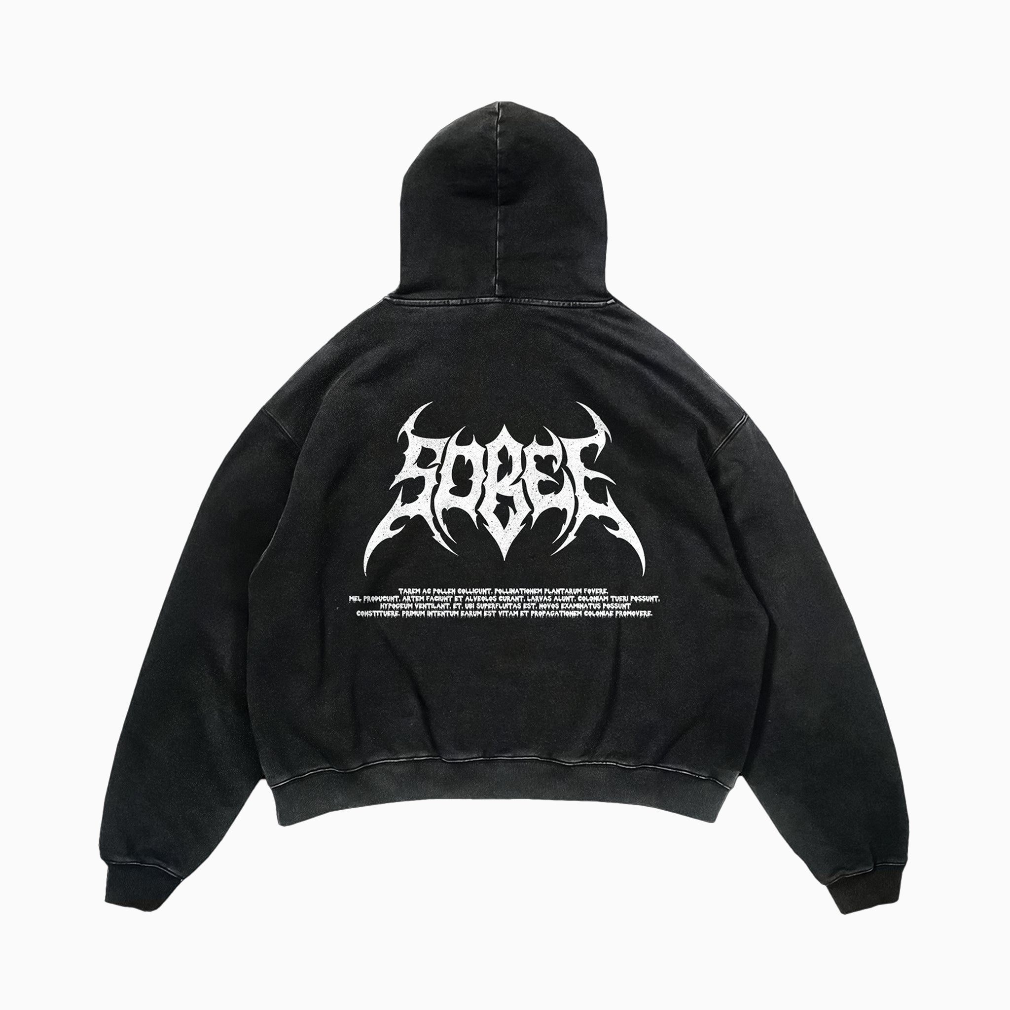 Hoodie noir, délavé coupe oversize crop, logo noir SOBEE en sérigraphie au dos, couture premium, coton épais