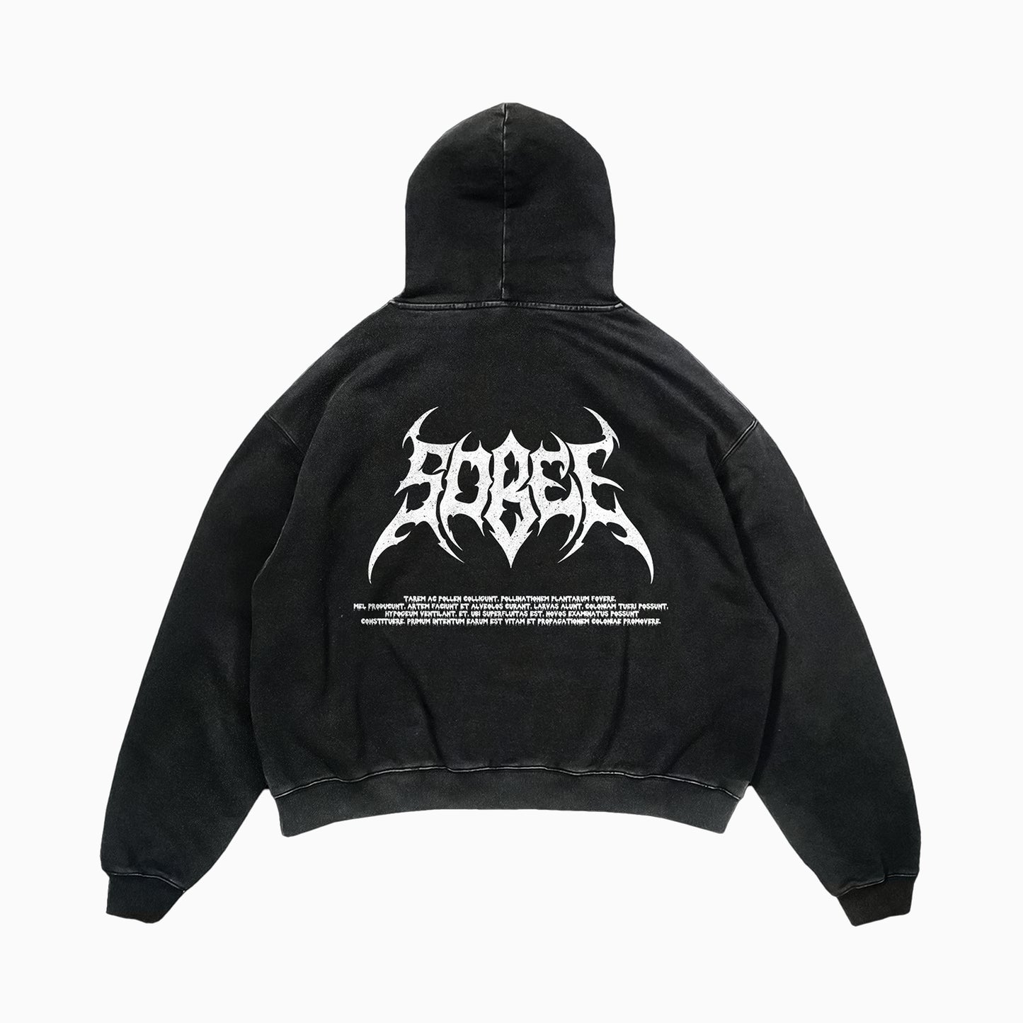 Hoodie noir, délavé coupe oversize crop, logo noir SOBEE en sérigraphie au dos, couture premium, coton épais