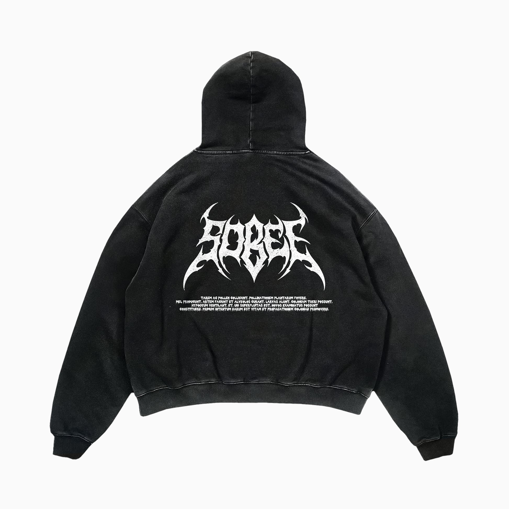 Hoodie noir, délavé coupe oversize crop, logo noir SOBEE en sérigraphie au dos, couture premium, coton épais