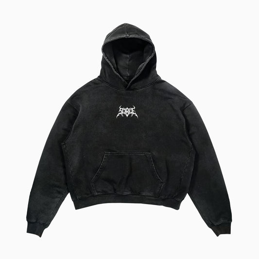 Hoodie noir, délavé coupe oversize crop, logo noir SOBEE en sérigraphie au coeur, couture premium, coton épais
